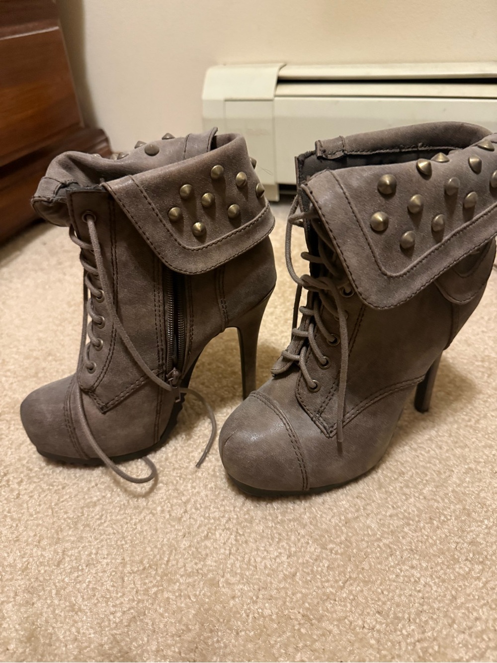 Women's Taupe Lace-Up Studded Ankle Boots